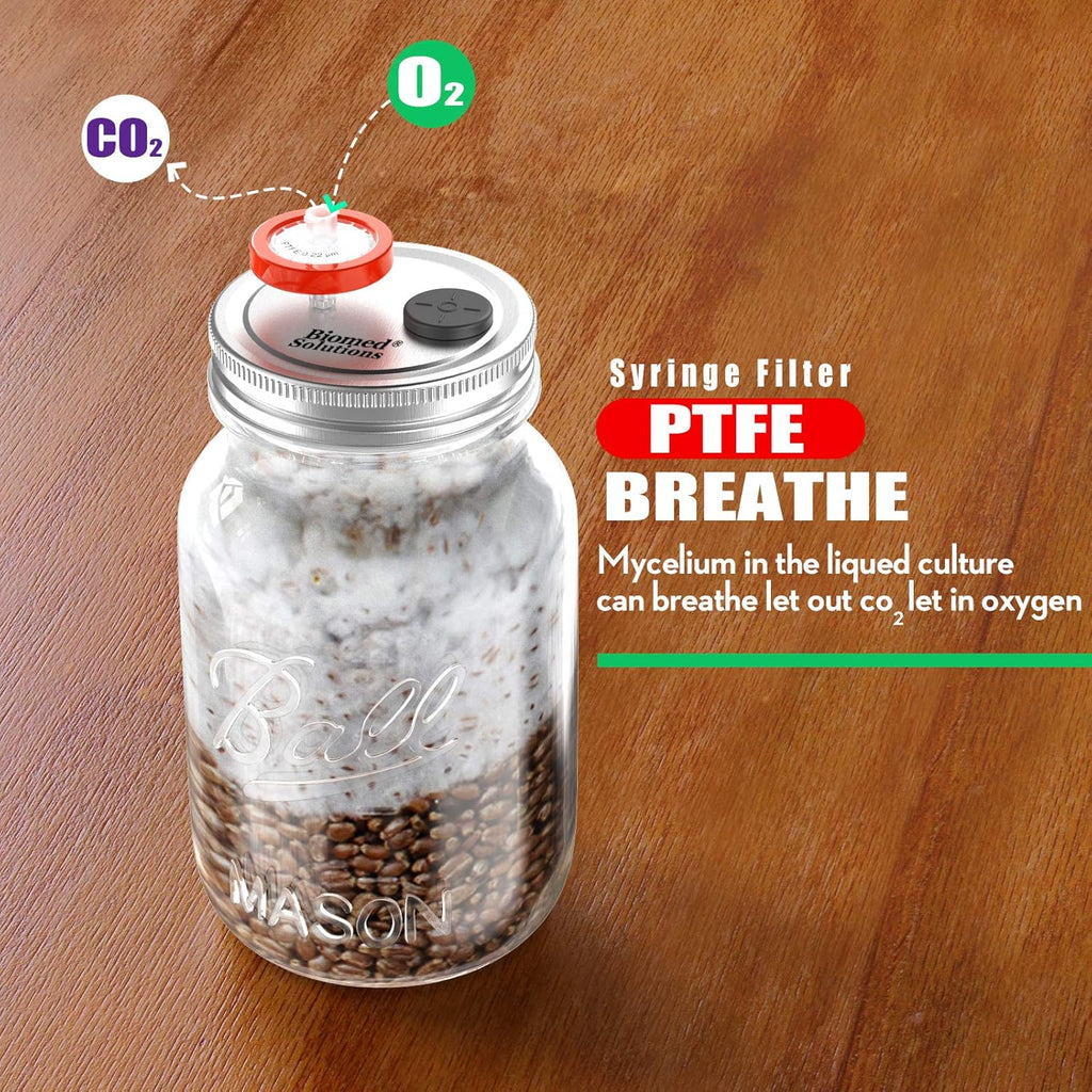 6Pcs Regular Mouth Mushroom Liquid Culture Lid Grain Spawn Cultivation Mason Jar Lid with 0.2 Micron PTFE Syringe Filter & 20Mm Self Healing Injection Ports for Mushroom Growing Mycology(Silver)