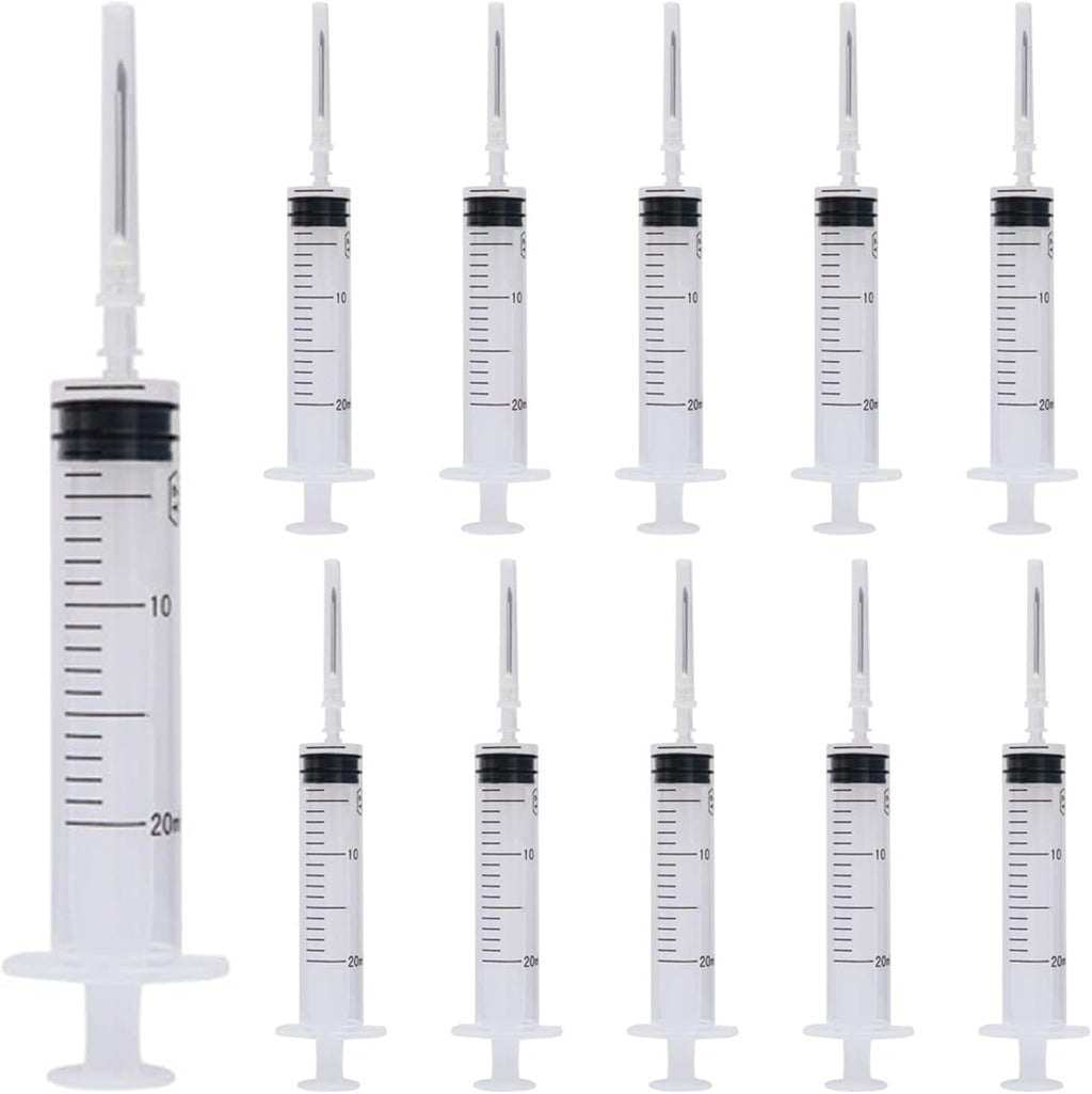 20 Ml Syringe, 10 Pack Plastic Syringes with 16Ga Needles and Caps, Sterile and Individually Sealed Packaged, for Feeding Pets, Industrial Scientific Labs, Measuring Liquid, Refilling Oil or Glue