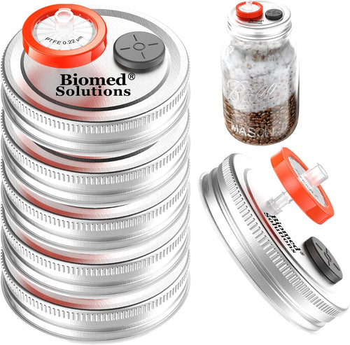 6Pcs Regular Mouth Mushroom Liquid Culture Lid Grain Spawn Cultivation Mason Jar Lid with 0.2 Micron PTFE Syringe Filter & 20Mm Self Healing Injection Ports for Mushroom Growing Mycology(Silver)