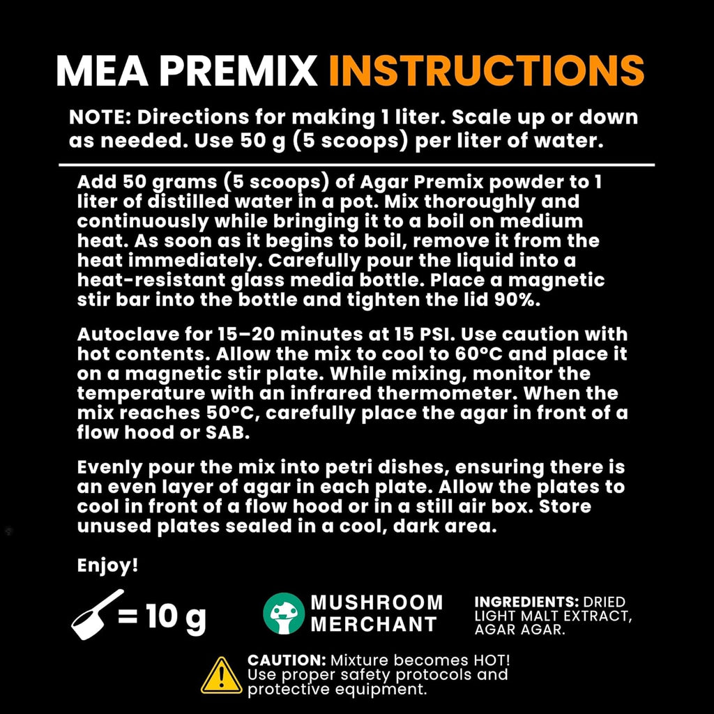 Malt Extract Agar (MEA) Premix (100 Grams) | MEA Premix Makes 100 Agar Plates | Agar Premix for Mushroom Mycelium | Make Agar Petri Dishes for Mycology