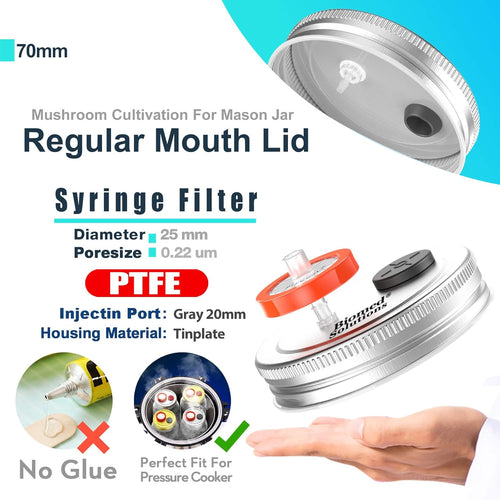6Pcs Regular Mouth Mushroom Liquid Culture Lid Grain Spawn Cultivation Mason Jar Lid with 0.2 Micron PTFE Syringe Filter & 20Mm Self Healing Injection Ports for Mushroom Growing Mycology(Silver)