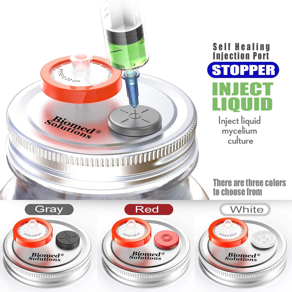 6Pcs Regular Mouth Mushroom Liquid Culture Lid Grain Spawn Cultivation Mason Jar Lid with 0.2 Micron PTFE Syringe Filter & 20Mm Self Healing Injection Ports for Mushroom Growing Mycology(Silver)