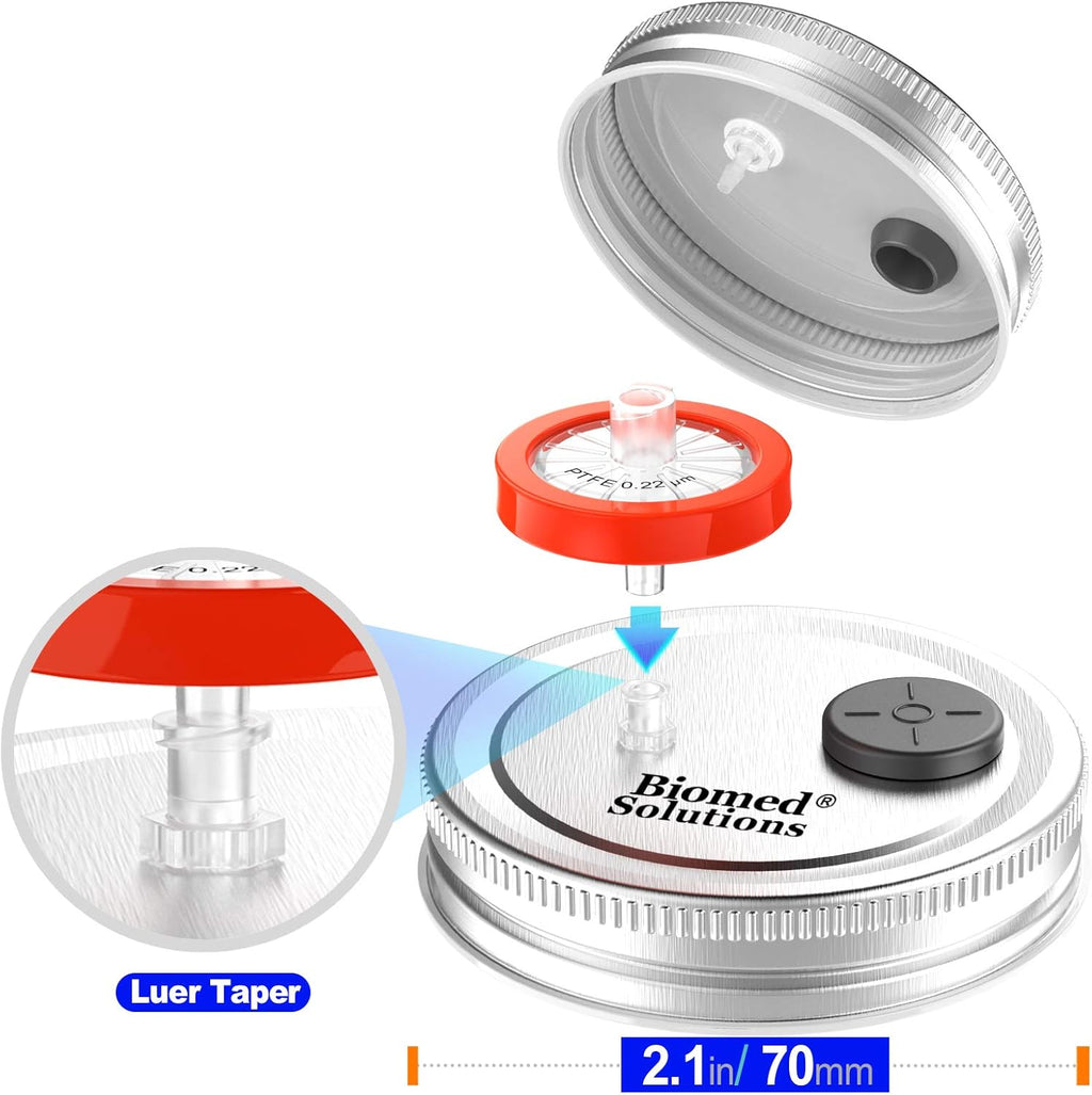 6Pcs Regular Mouth Mushroom Liquid Culture Lid Grain Spawn Cultivation Mason Jar Lid with 0.2 Micron PTFE Syringe Filter & 20Mm Self Healing Injection Ports for Mushroom Growing Mycology(Silver)